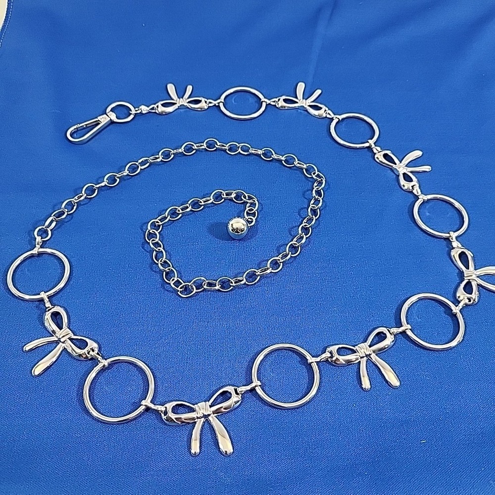 Retro Y2K Belly Chain Metal Belt Silver-tone Cutesy Bows Fits Upto 38" Waist‎
